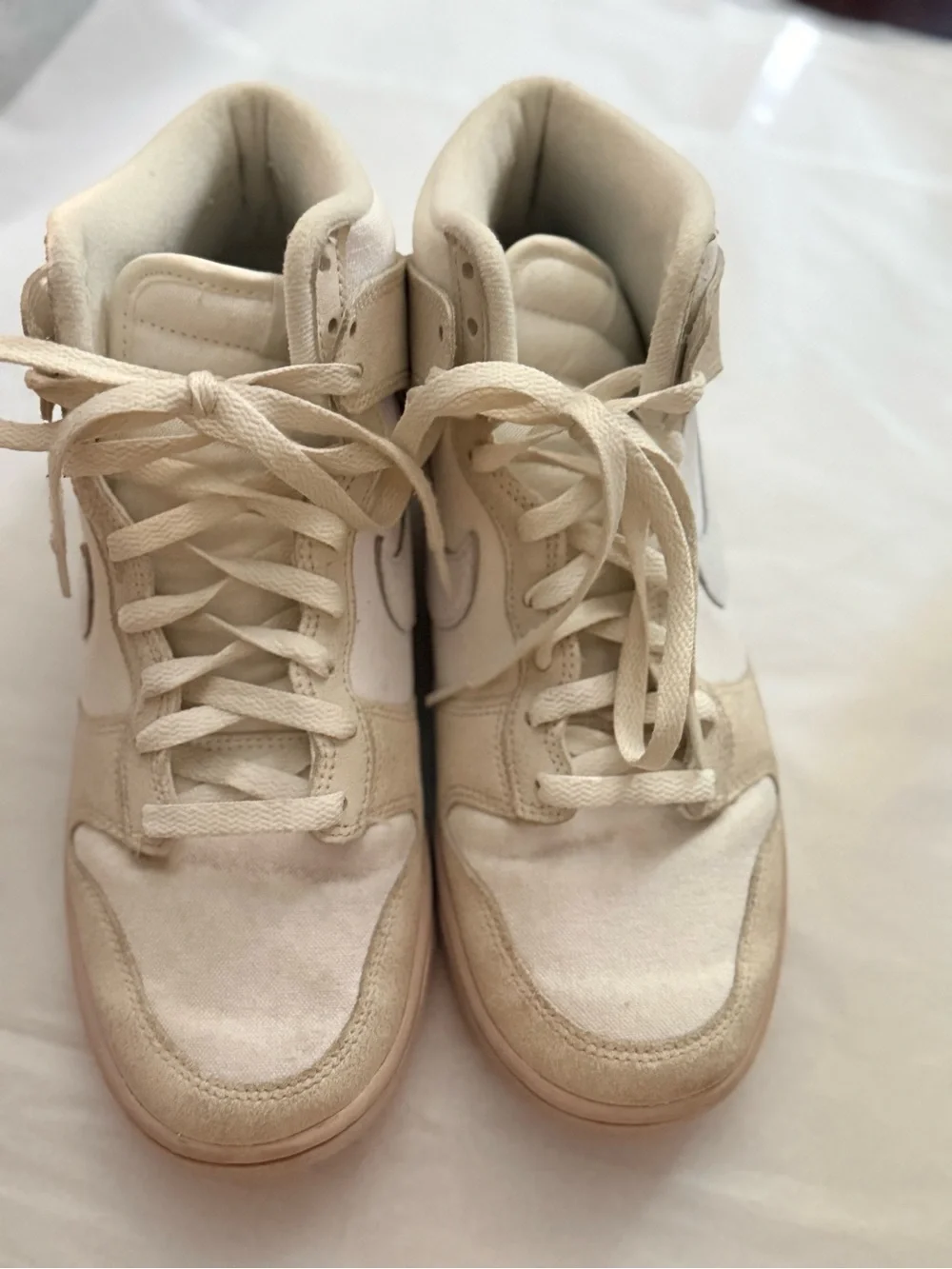 Nike Dunk High-Top Retro PRM Cracked Leather Swoosh Sneakers in Cream & White